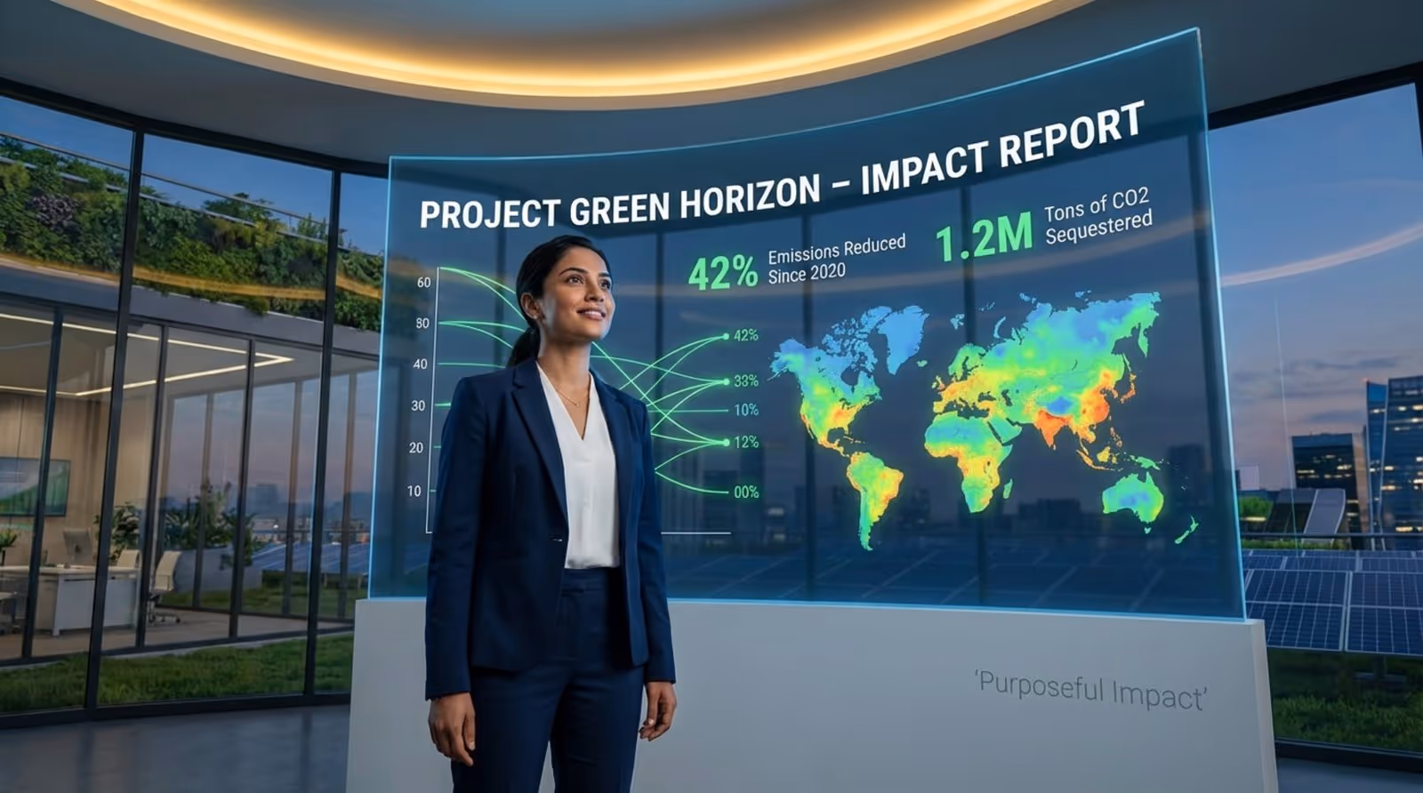 A female employee looks at a data visualization showing positive environmental impact with a proud expression, emphasizing purpose-driven engagement.
