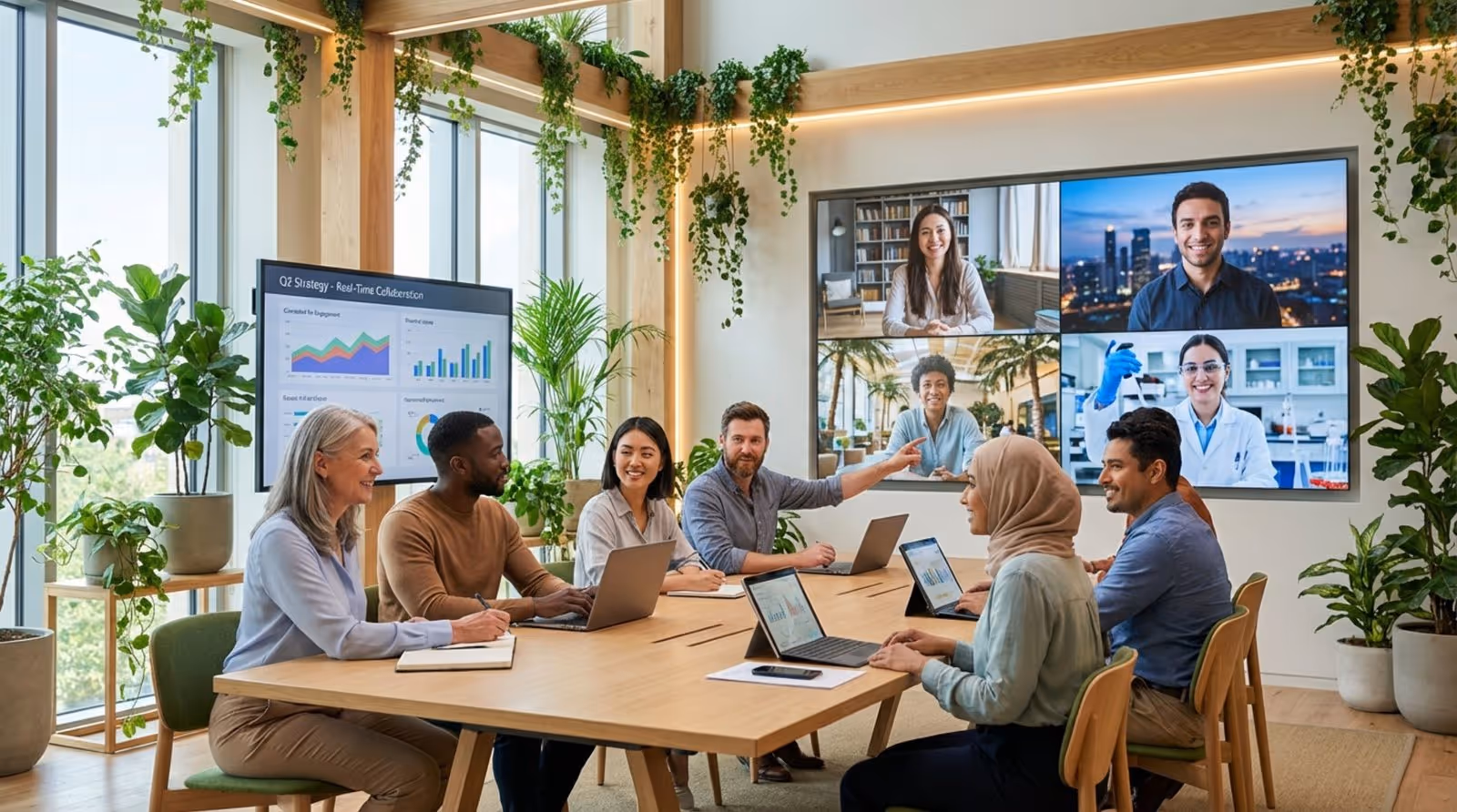 A diverse group of employees collaborates in a spacious office with green plants and a video conference screen, representing a connected and engaging hybrid work environment.