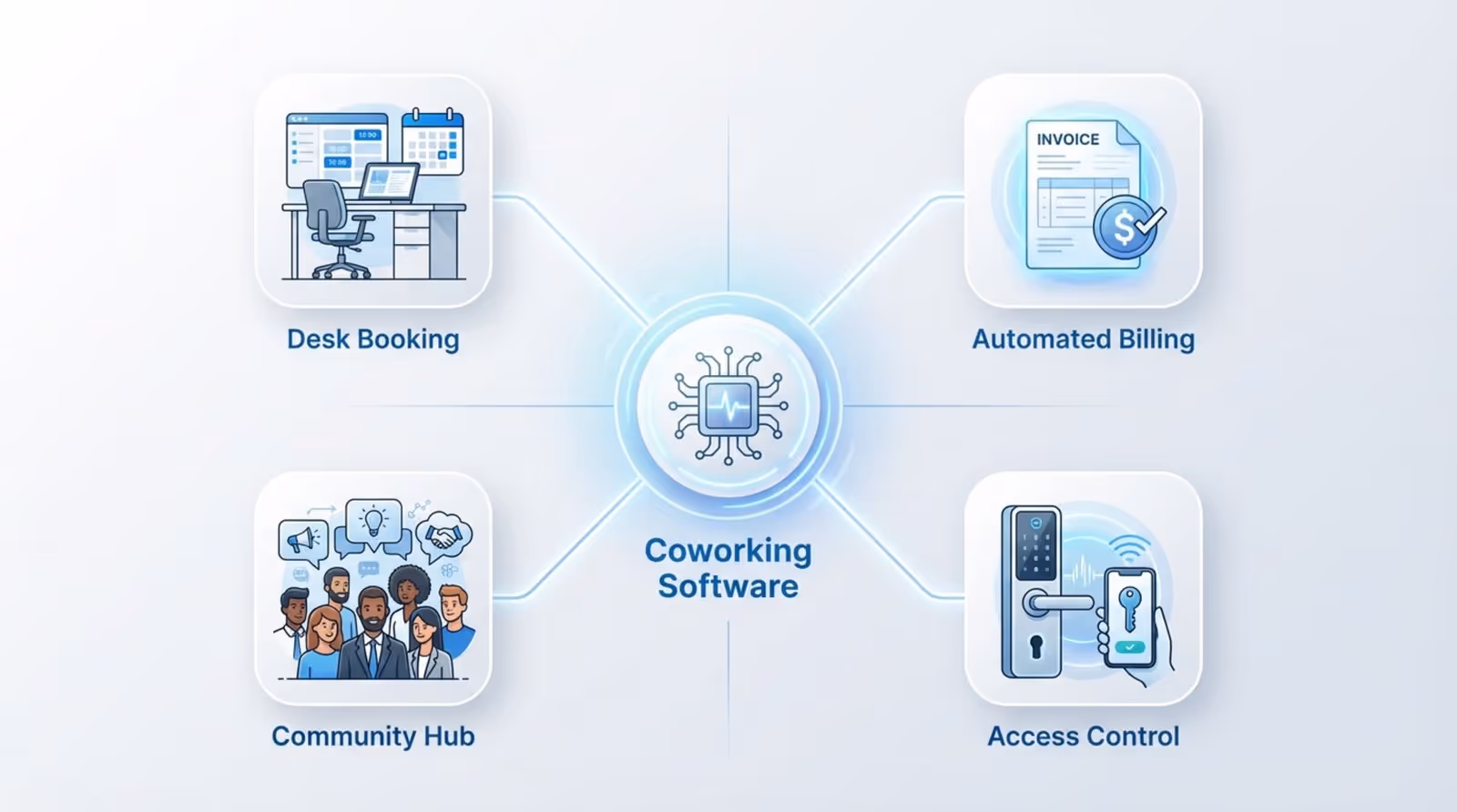 A modern infographic showing coworking software as a central system connecting desk booking, billing, access control, and community features.