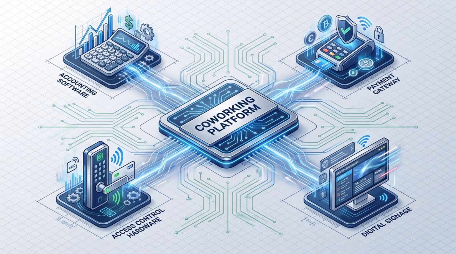A technical diagram showing software integrations with a central coworking platform connected to various systems.