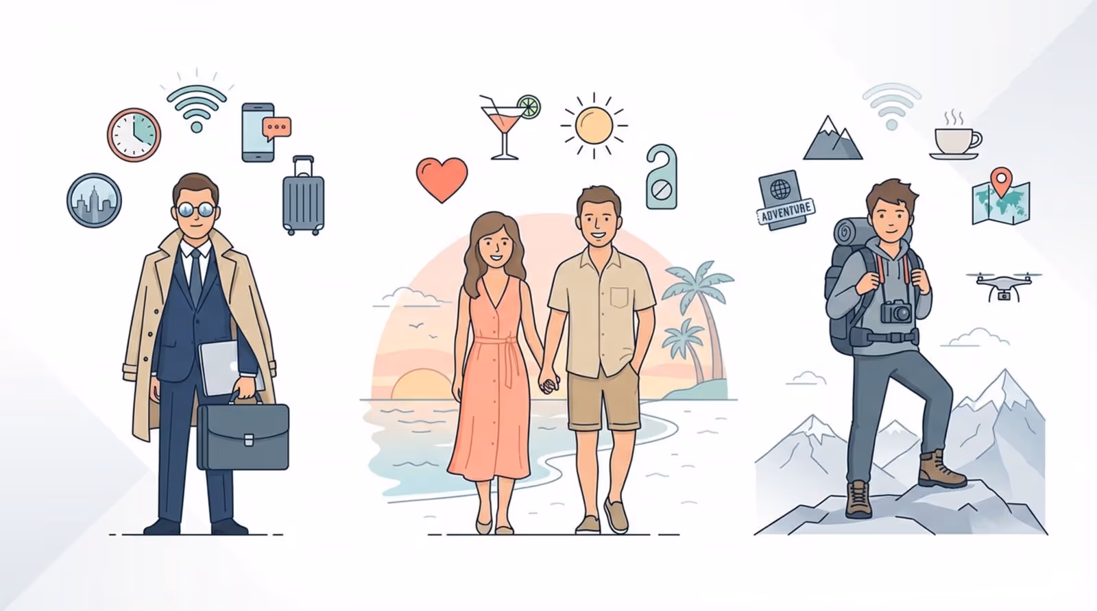 Modern illustration depicting three guest personas with icons representing their priorities.