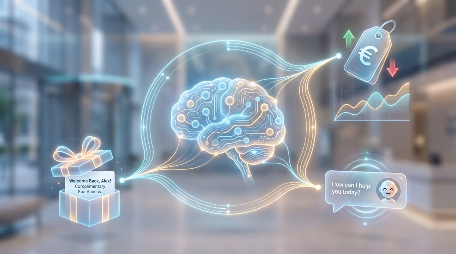 A clean futuristic illustration of an AI brain connected to hotel operations with glowing lines, representing intelligent management and automation.