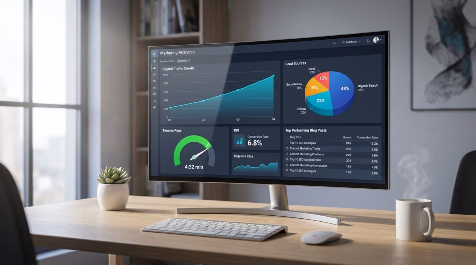 A modern office desk with a high-resolution monitor displaying a marketing analytics dashboard with traffic growth, engagement metrics, and lead sources.
