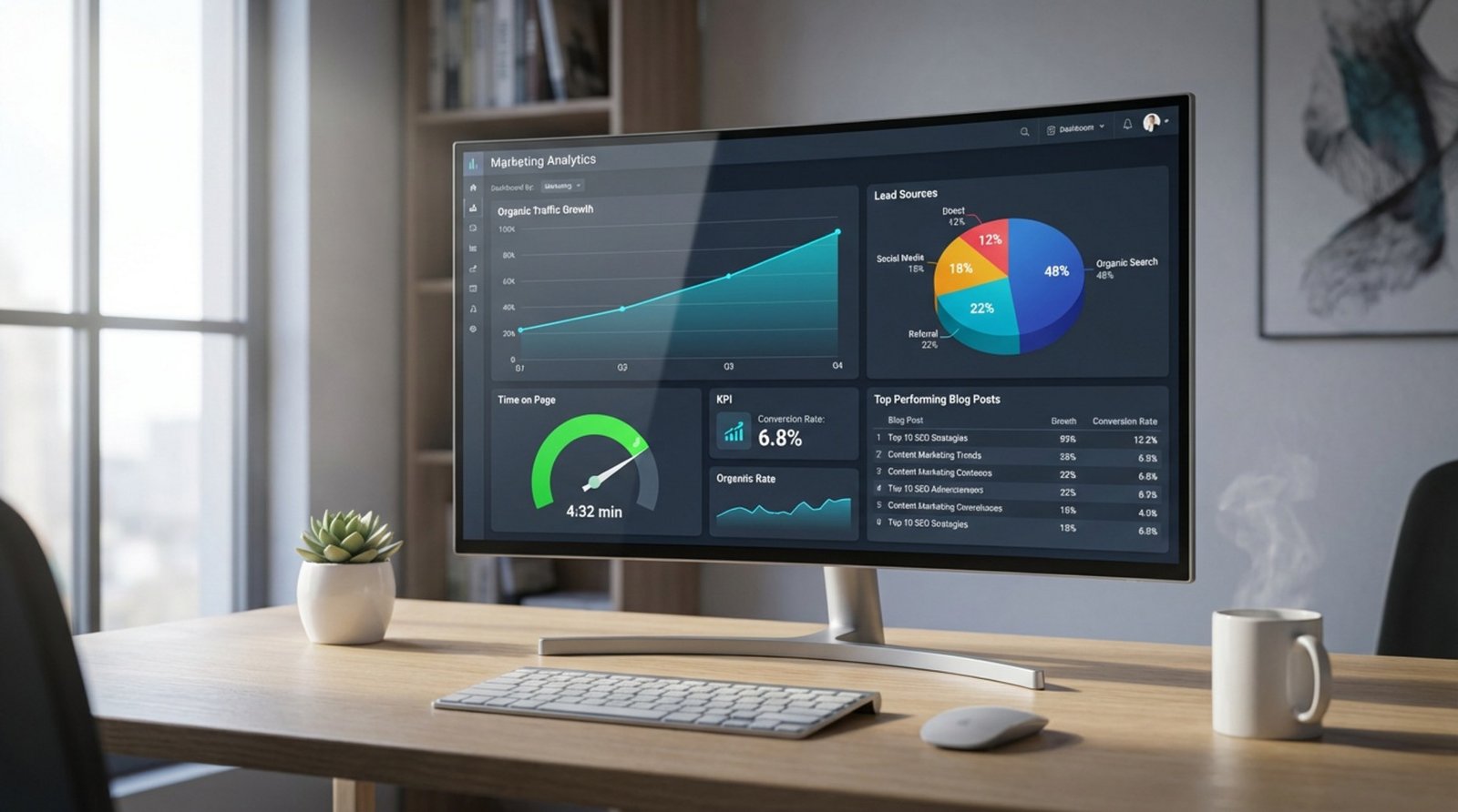 A modern office desk with a high-resolution monitor displaying a marketing analytics dashboard with traffic growth, engagement metrics, and lead sources.