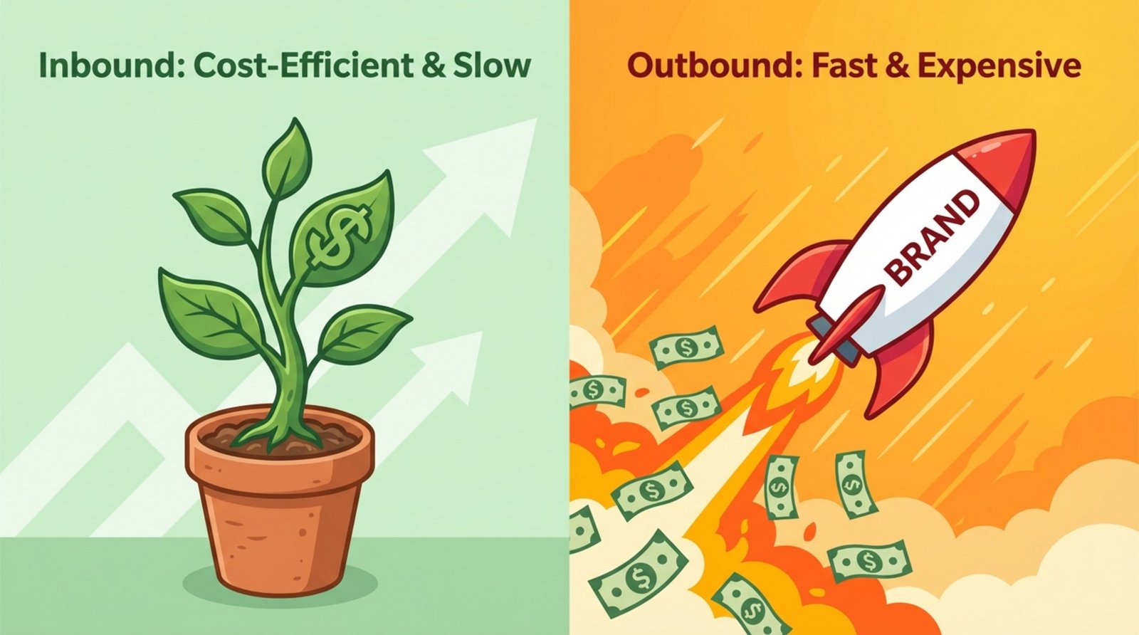 Split-panel illustration comparing inbound and outbound marketing with a slow-growing plant and a fast rocket ship.