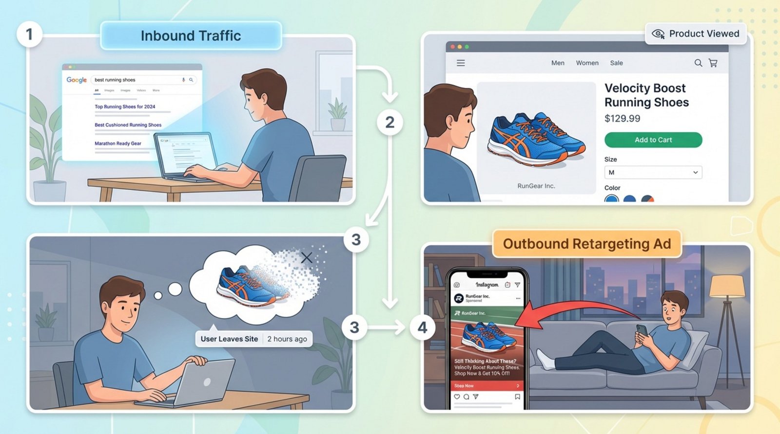 A step-by-step infographic illustrating retargeting campaign process from search to social media ad.
