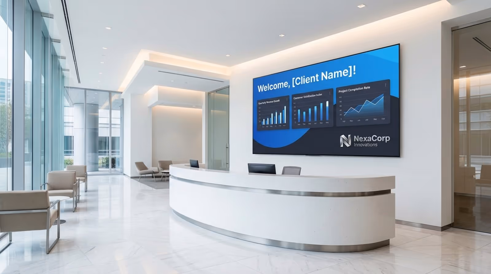 A professional reception area with a large screen displaying a welcome message, KPI charts, and the company logo.