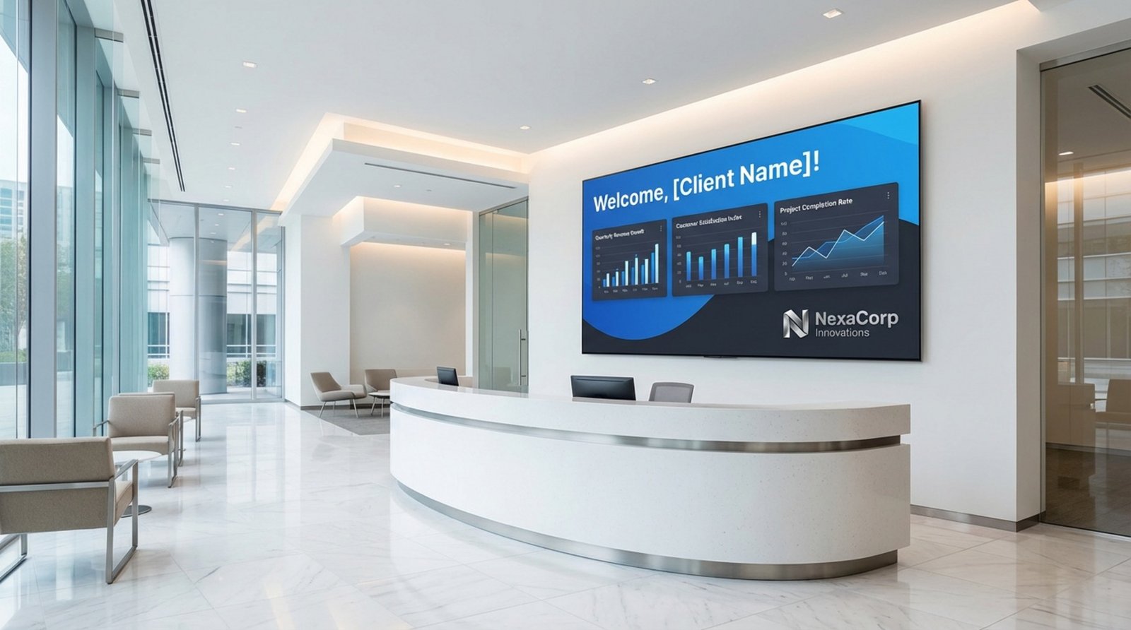 A professional reception area with a large screen displaying a welcome message, KPI charts, and the company logo.