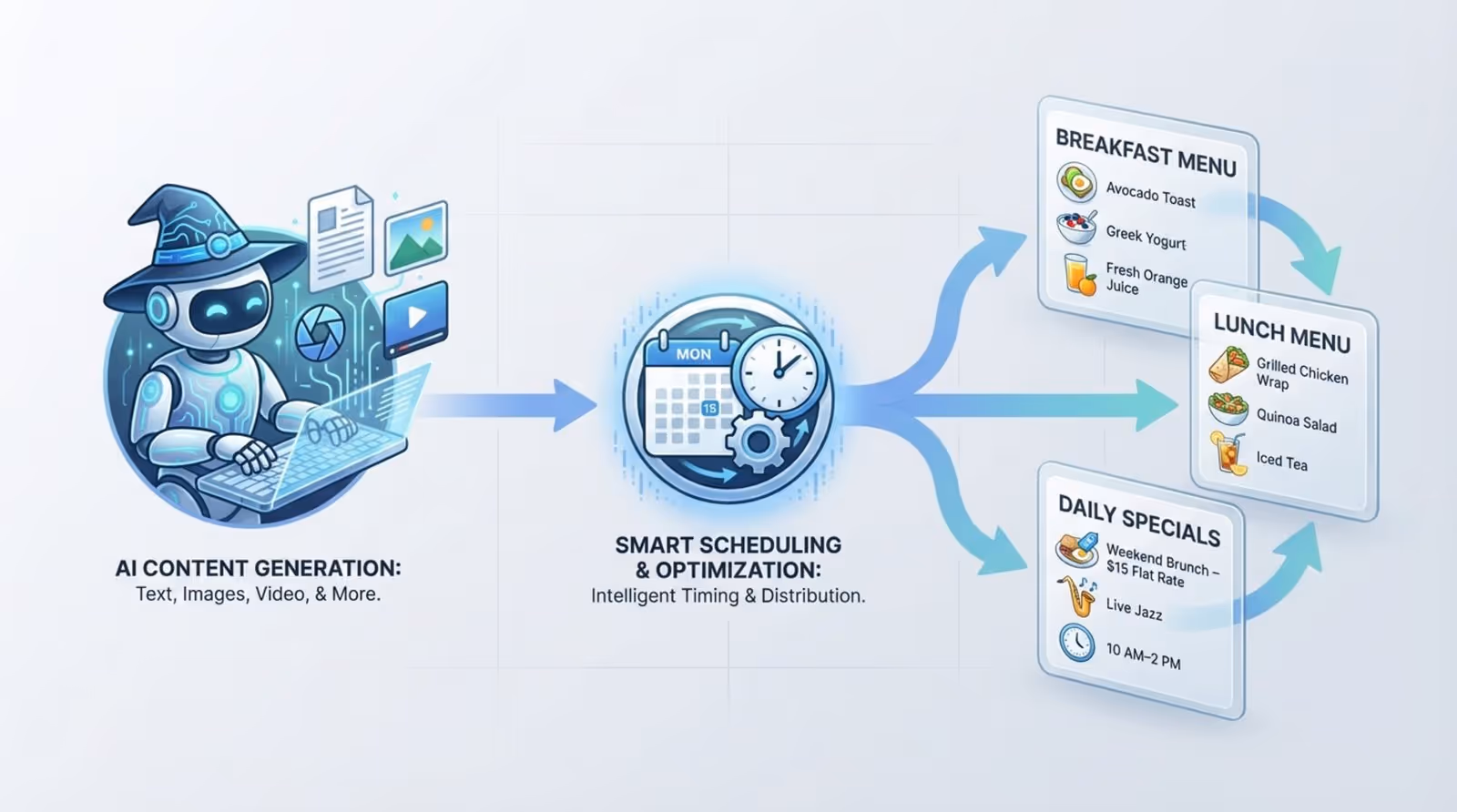A modern flowchart illustrating AI and automation processes from content generation to scheduling and display.