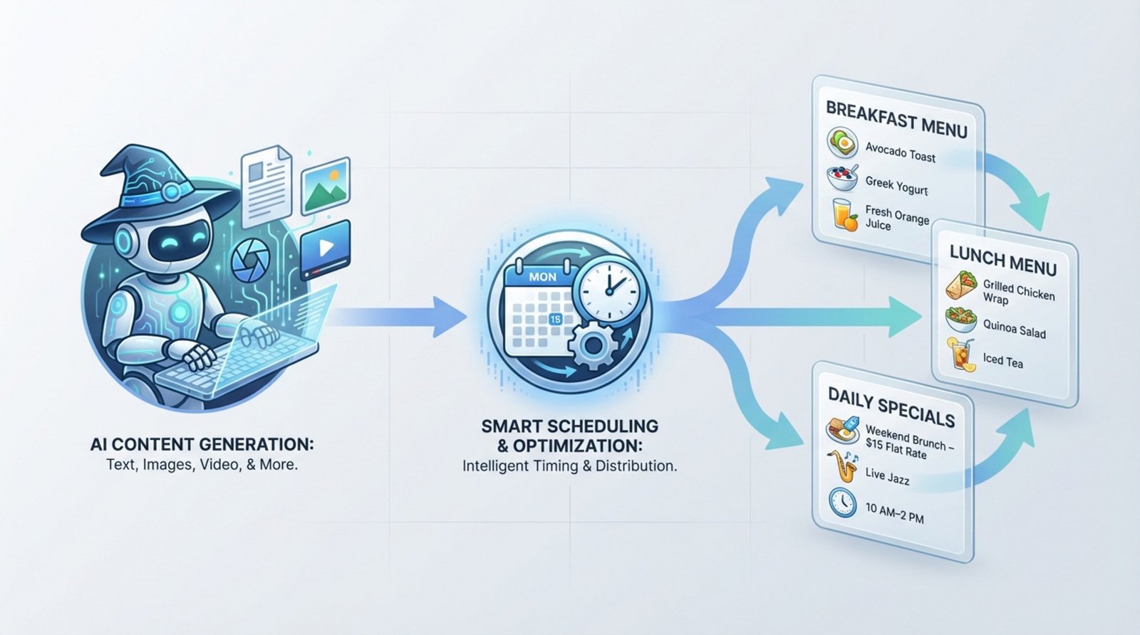 A modern flowchart illustrating AI and automation processes from content generation to scheduling and display.