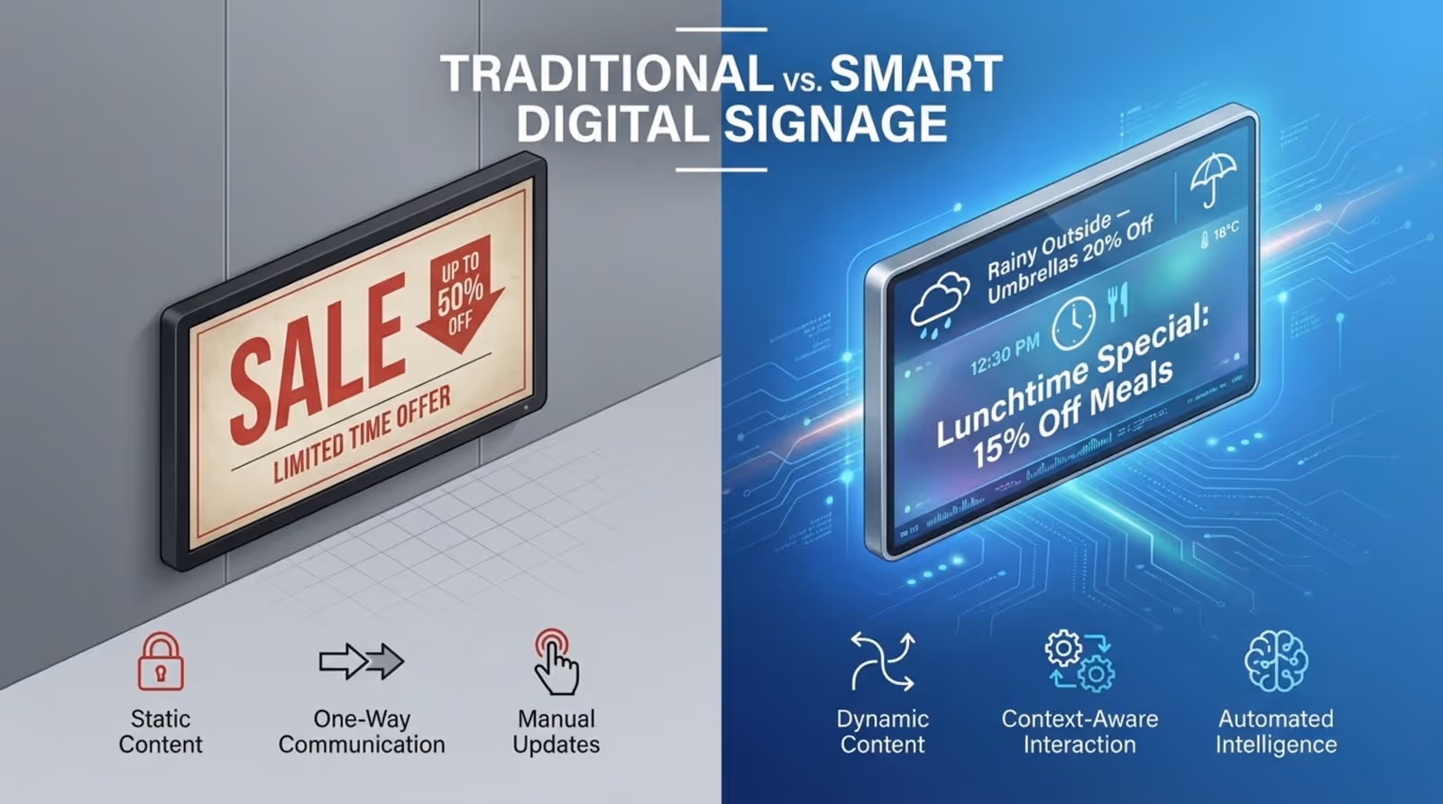 An infographic comparing traditional and smart digital signage showing static content versus dynamic content adapting to weather and time.