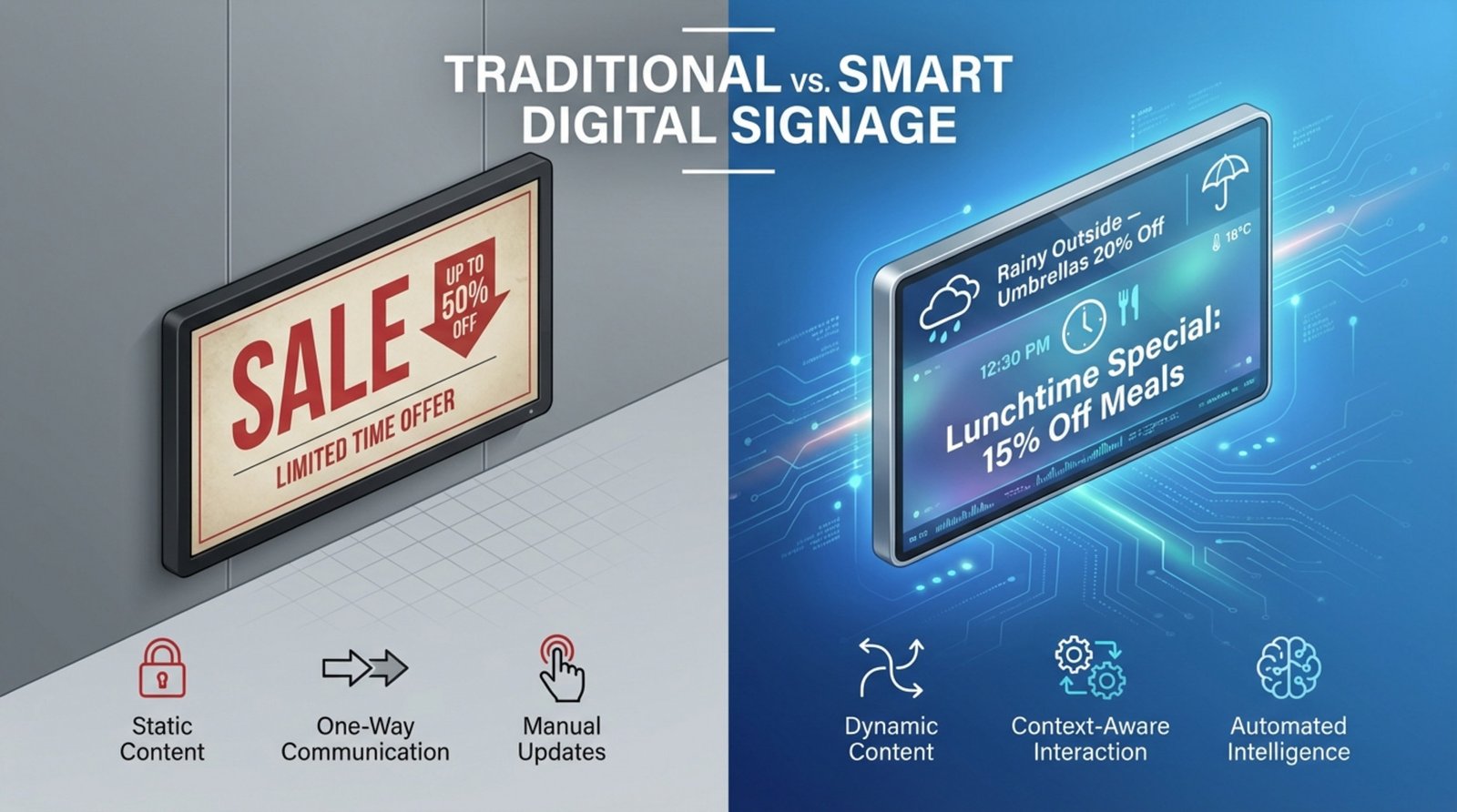 An infographic comparing traditional and smart digital signage showing static content versus dynamic content adapting to weather and time.