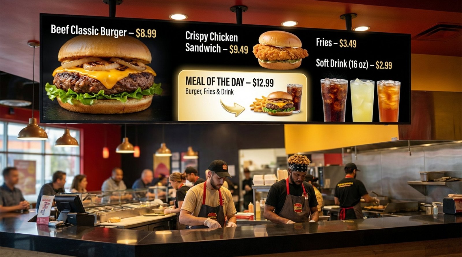 Photorealistic image of a digital menu board displaying burgers and drinks with a highlighted meal of the day.