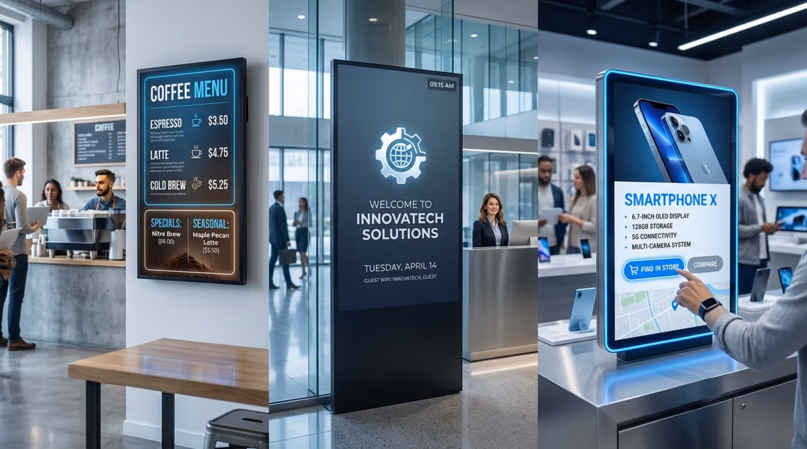 A collage showcasing modern digital signage in cafes, lobbies, and retail stores demonstrating automated communication.