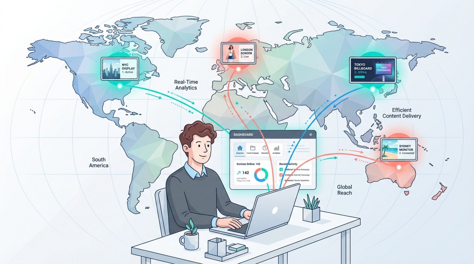 A person manages a global network remotely using a laptop connected to various screens on a world map.
