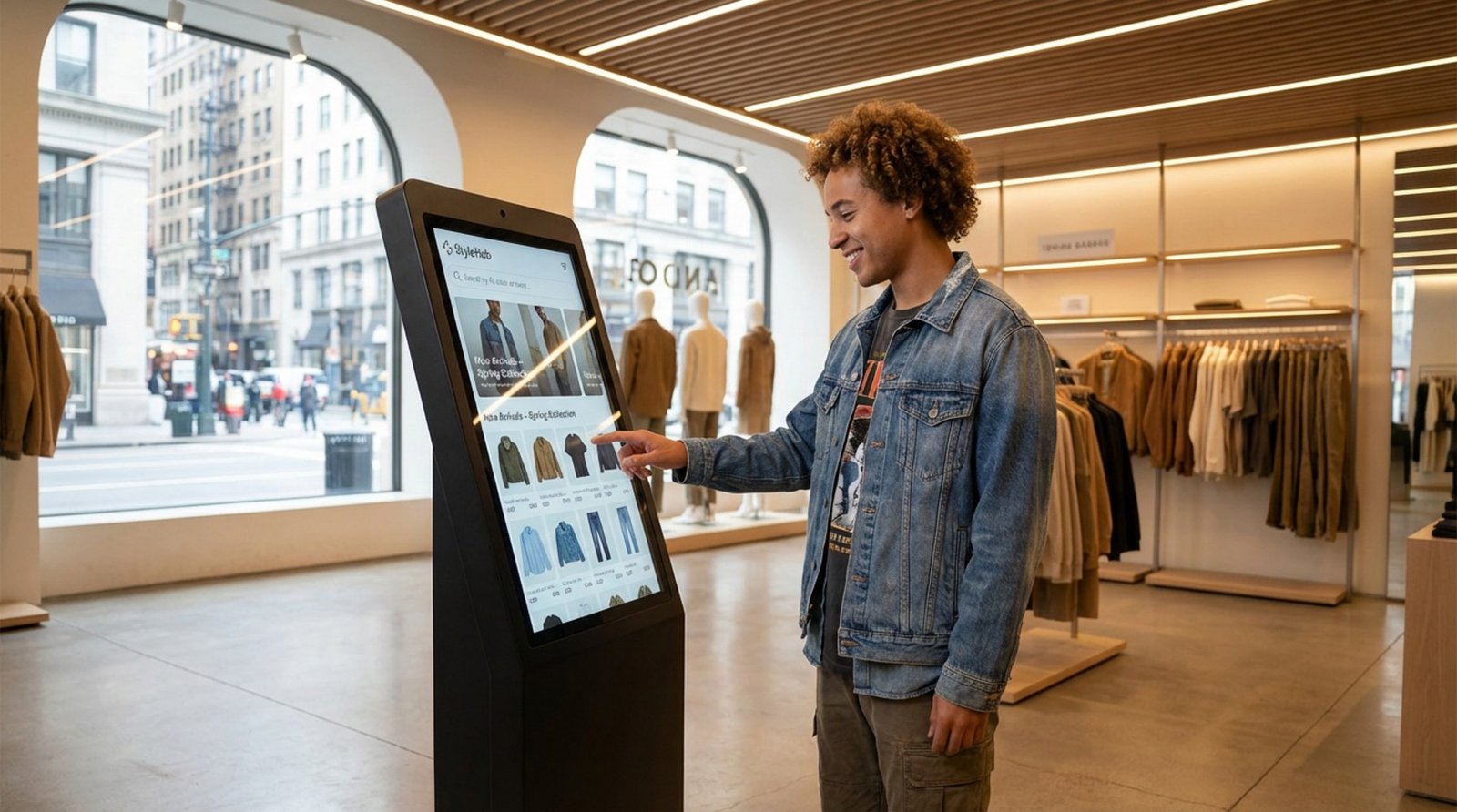 A customer interacts with a large touch-screen kiosk in a modern fashion retail store.