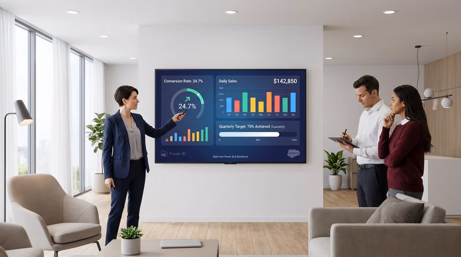 A sales manager and team review a bright digital dashboard displaying sales data and KPIs in a modern office.