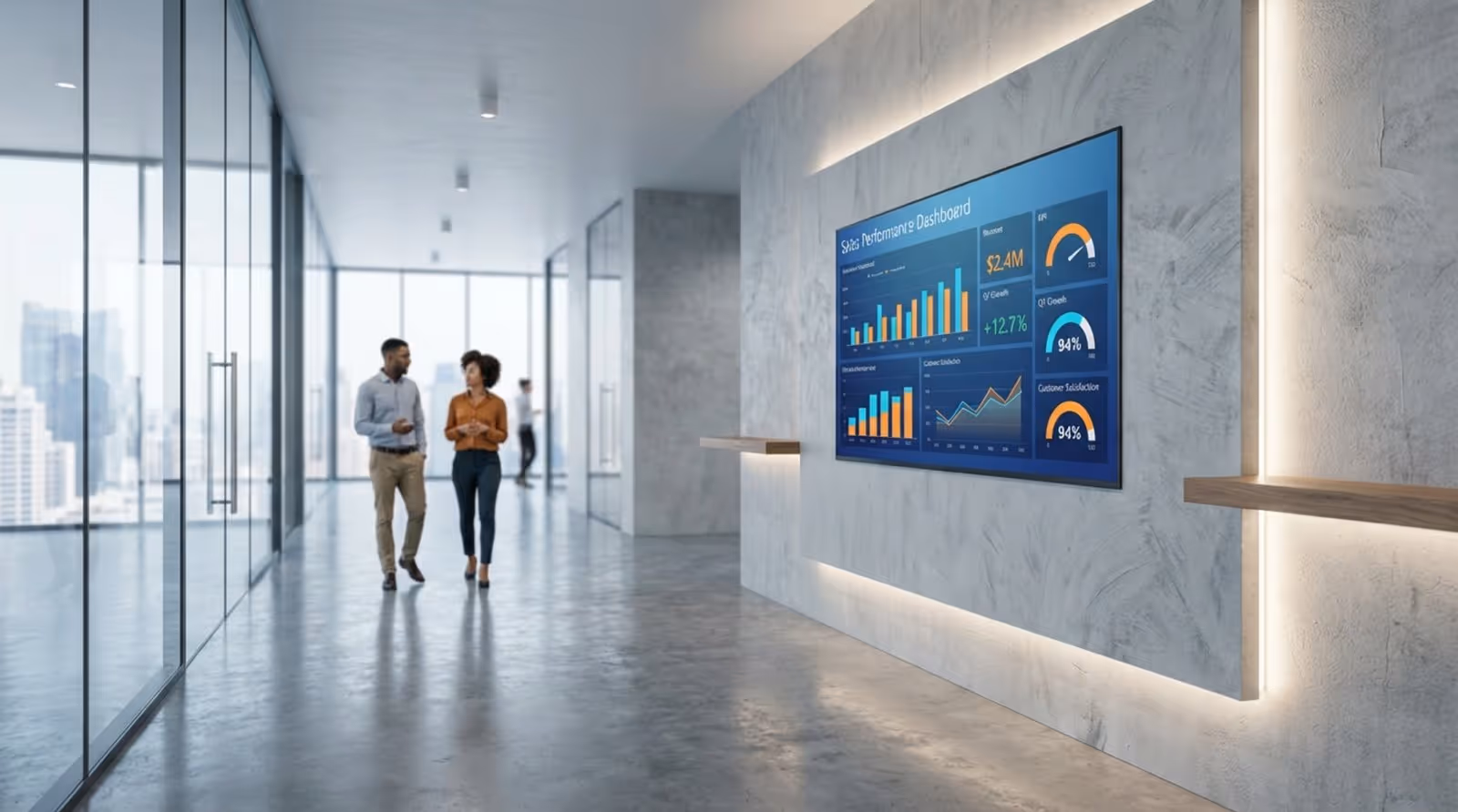 A sleek digital signage screen displays a colorful Power BI dashboard in a modern office hallway, emphasizing data integration in a professional workspace.