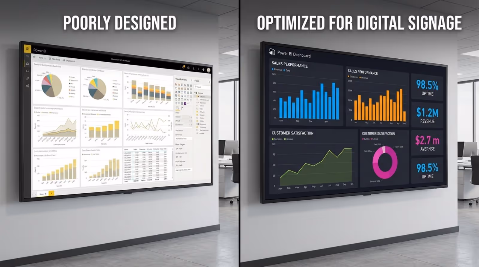 Side-by-side comparison of a cluttered poorly designed dashboard and a clean optimized digital signage display highlighting readability and clarity.