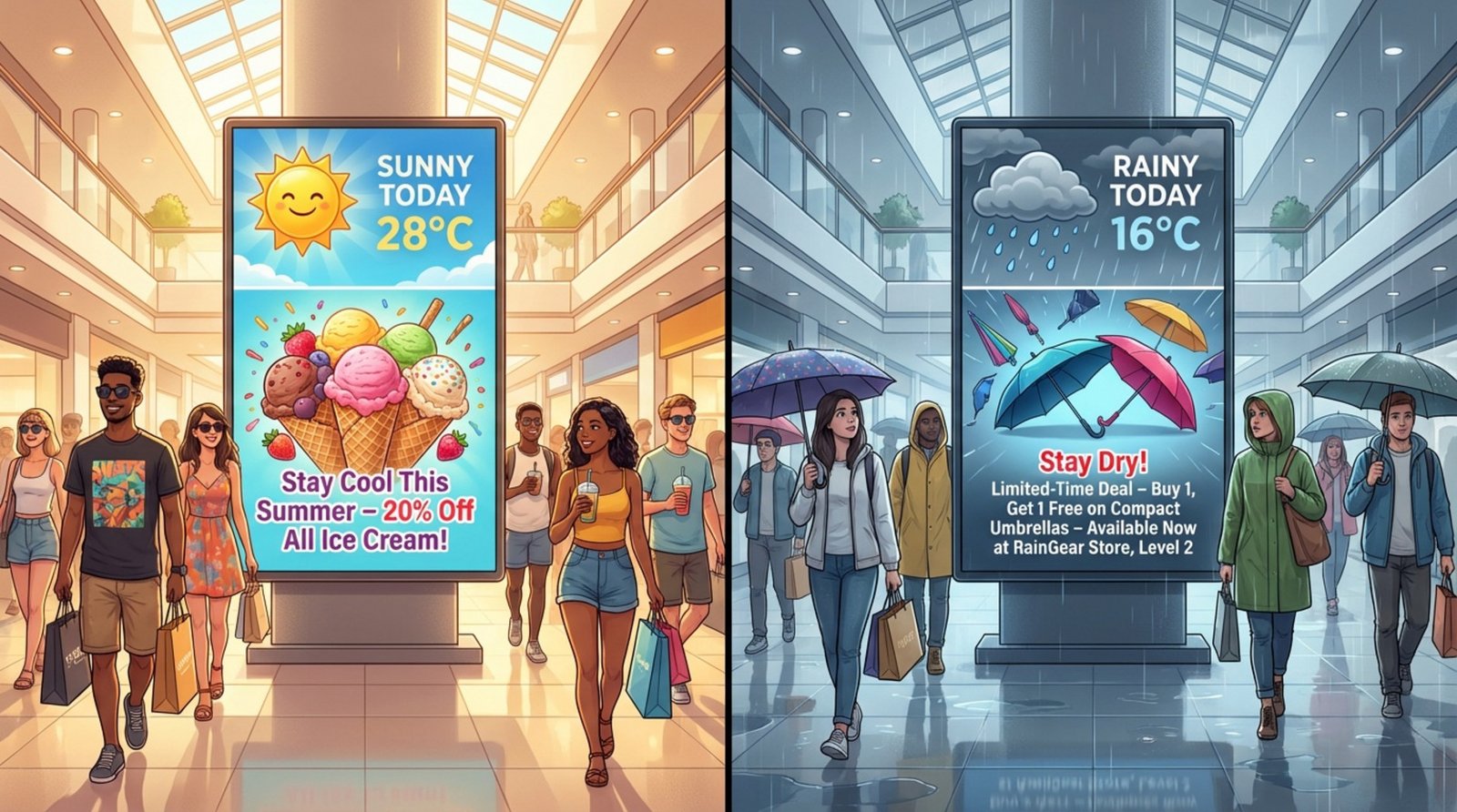 A split-screen illustration showing how digital displays change content based on weather, with summer ads on a sunny day and rainy day promotions on a rainy forecast.