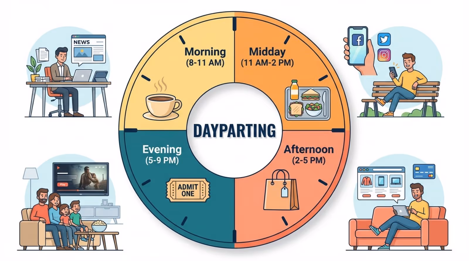 A modern infographic illustrating dayparting with a clock divided into four colored segments representing different times and audiences.