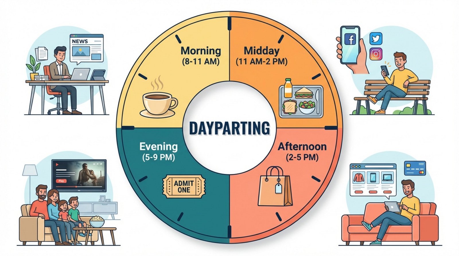 A modern infographic illustrating dayparting with a clock divided into four colored segments representing different times and audiences.