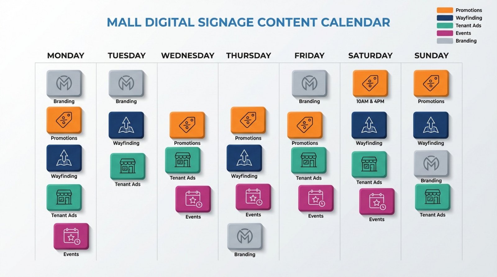 A modern infographic showing a weekly content calendar for mall digital signage with colored blocks and icons representing different content types.