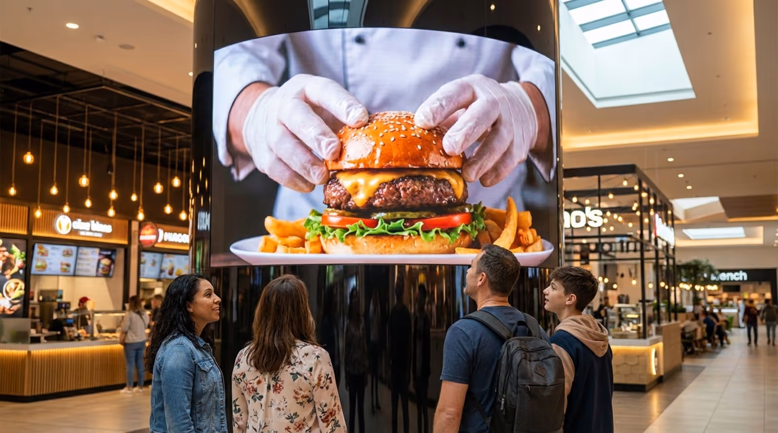 A large digital screen in a mall's food court displays a vivid 4K video of a chef plating a gourmet burger, capturing shoppers' interest and appetite.