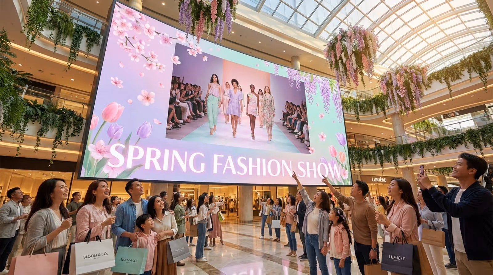 A large LED video wall in a mall atrium displays a spring fashion show with models and floral designs, creating a chic and energetic atmosphere.