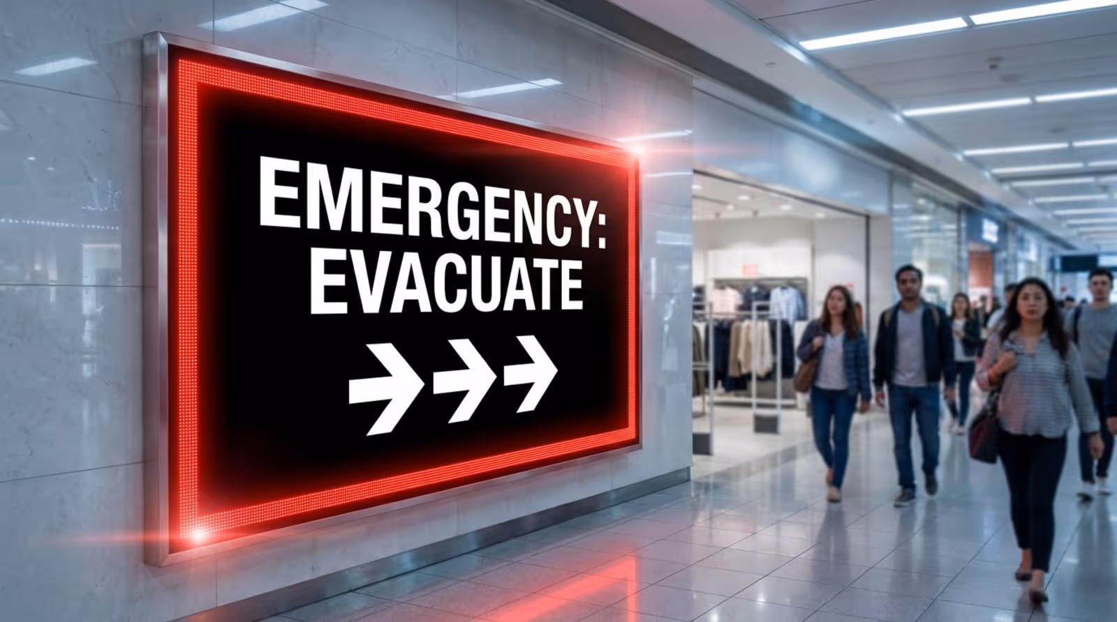 A digital signage screen in a mall corridor displaying an emergency evacuation alert with bold red border and arrows pointing to exits.