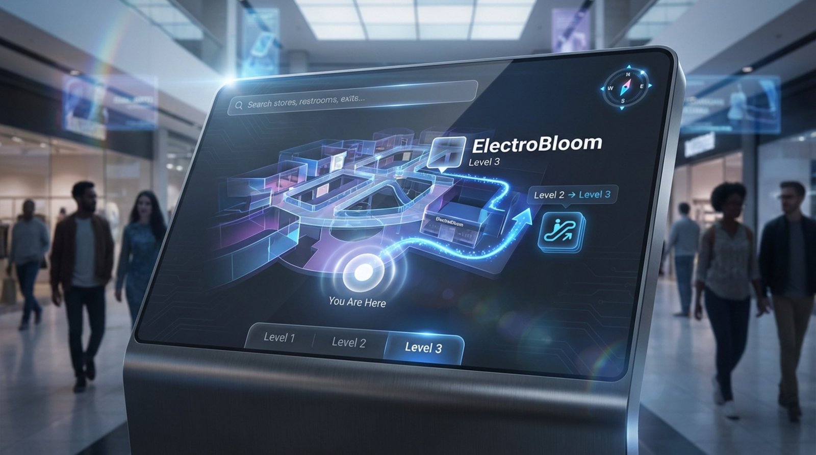 A digital illustration of a wayfinding kiosk displaying a 3D map with a glowing route and navigation icons.