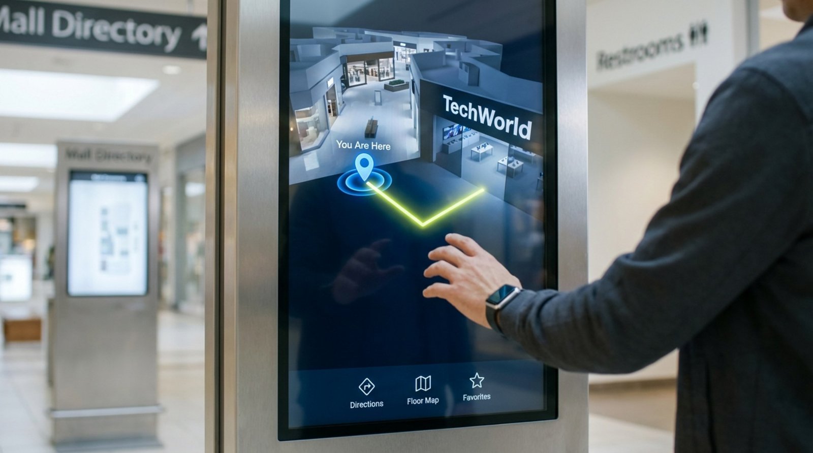 A person interacts with a modern digital kiosk displaying an interactive 3D map with a route marker.