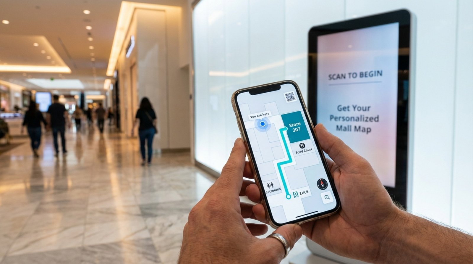 A person holds a smartphone displaying a mall map with a route, illustrating seamless transition from public kiosk to personal device.
