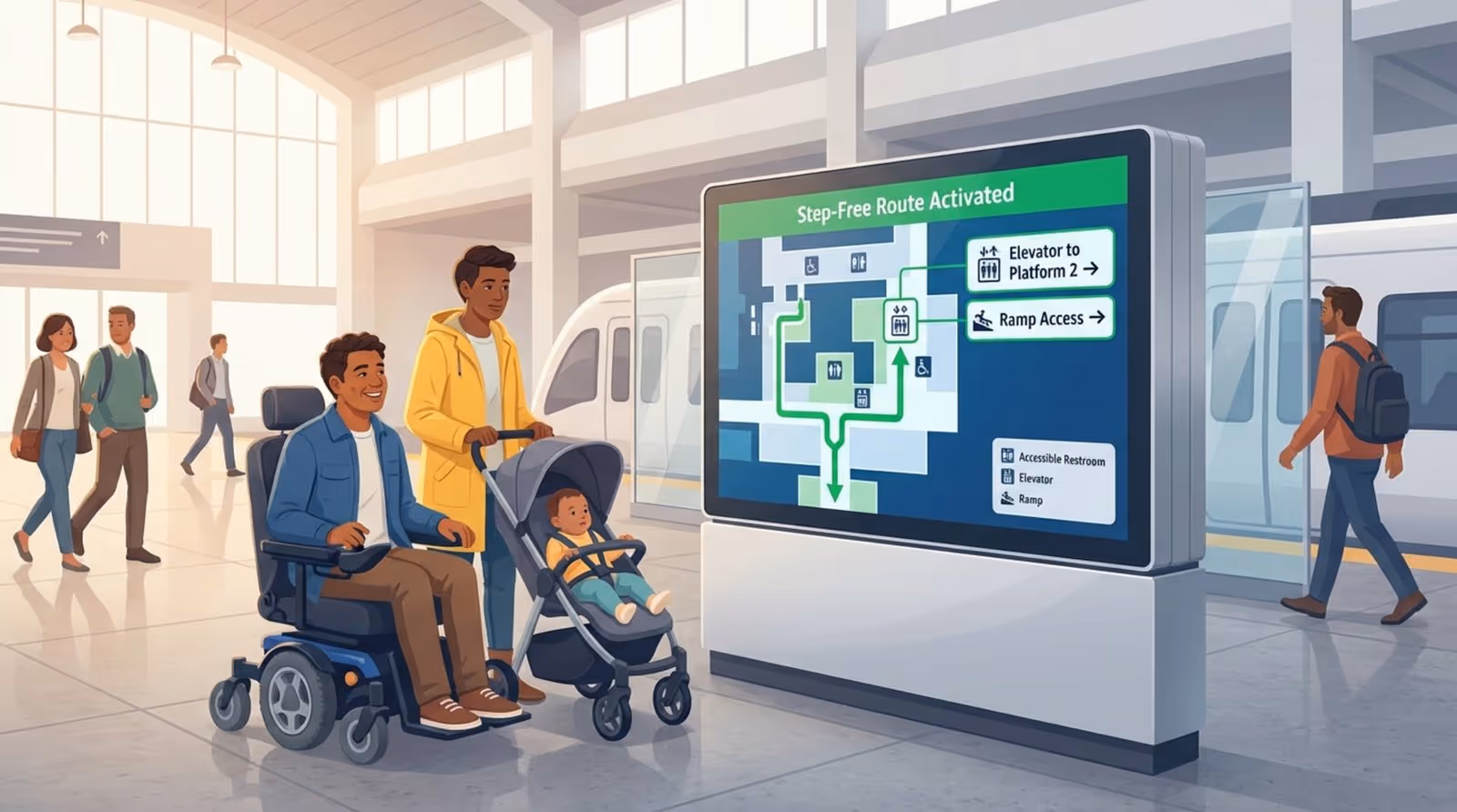 A modern illustration of a person in a wheelchair and a parent with a stroller using a digital kiosk with an accessible route highlighted.