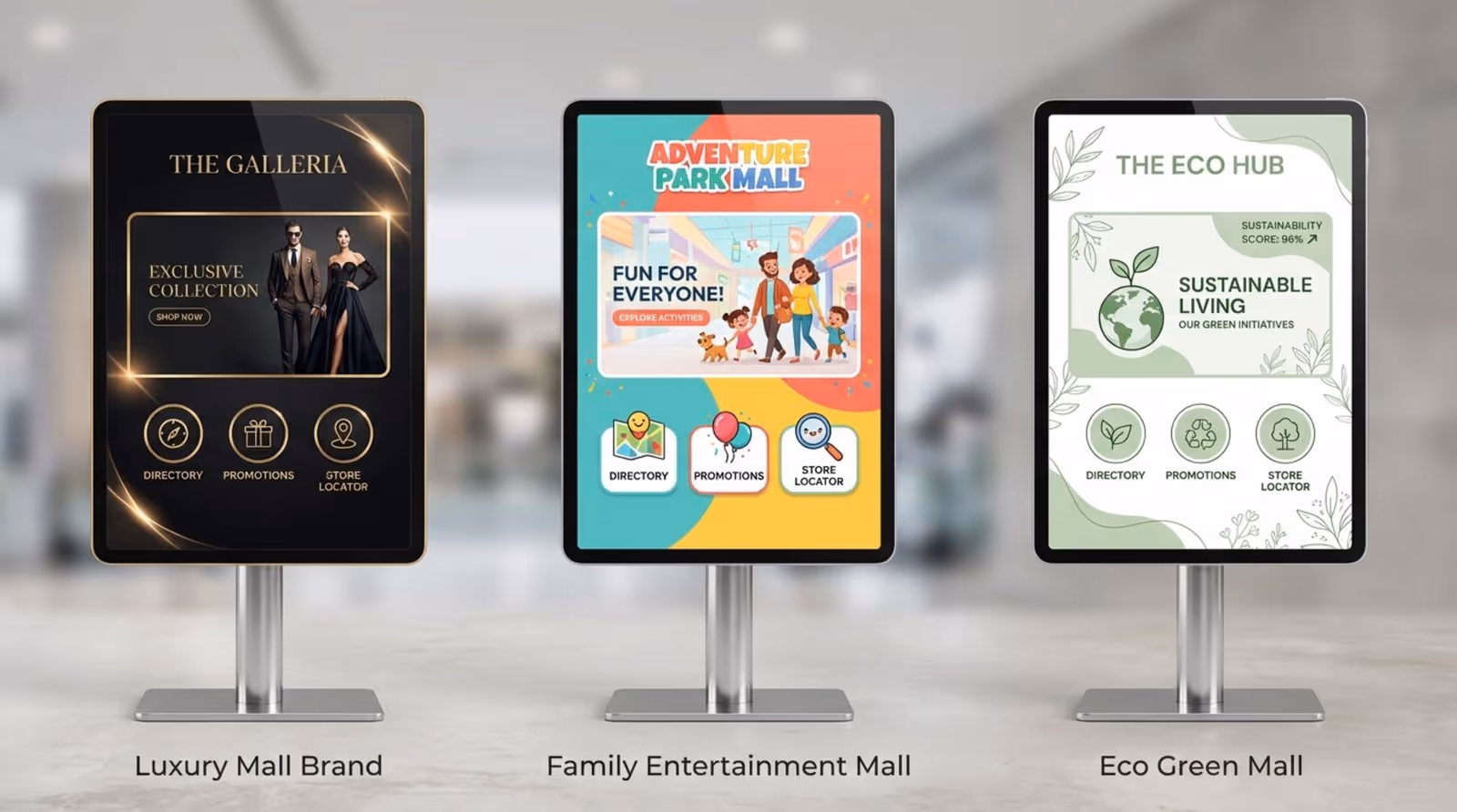 Three digital kiosk interface variations showcasing different mall branding styles including luxurious black and gold, colorful family-friendly, and minimalist green and white themes.