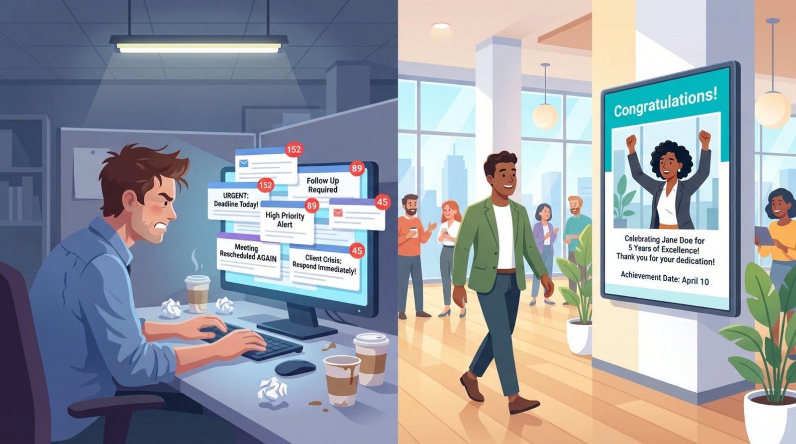 A modern illustration contrasting a stressed employee overwhelmed by emails with a happy employee celebrating achievements in a bright office lobby.