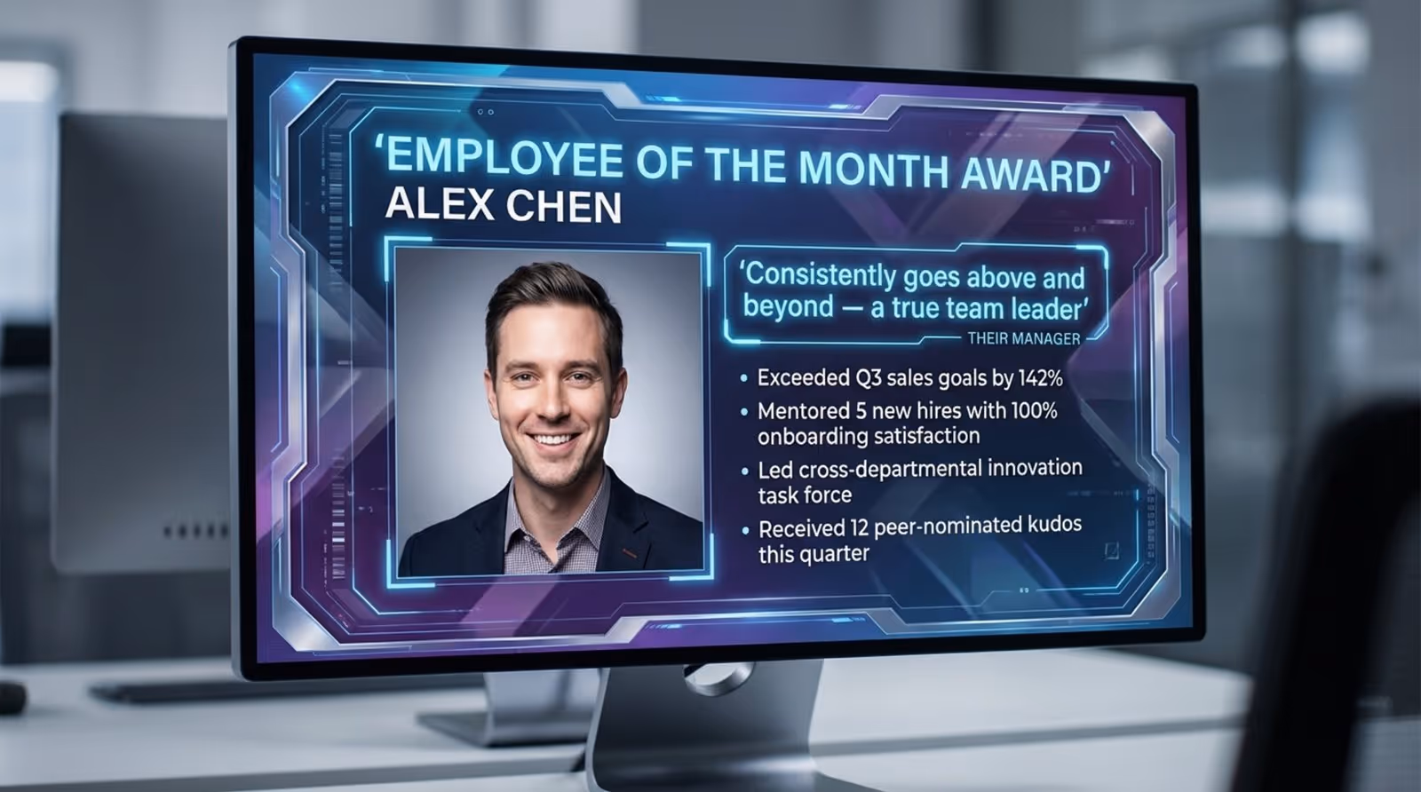 A digital graphic displaying an employee of the month award with a headshot, quote, and accomplishments on an animated background.