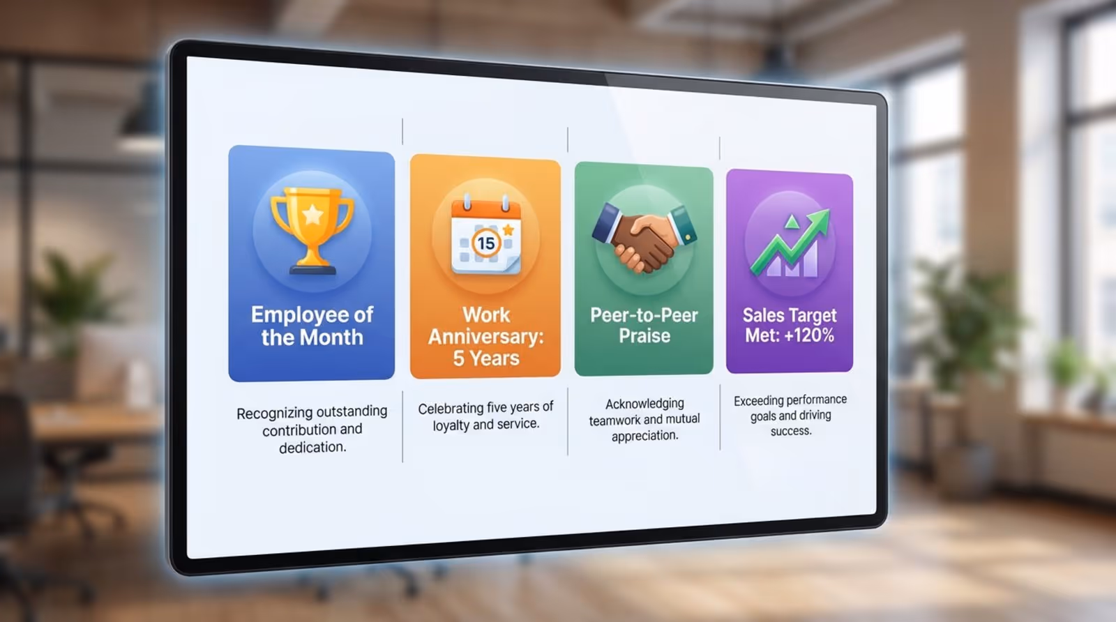 A colorful professional infographic on a digital screen illustrating employee achievements with icons for awards anniversaries praise and sales goals.