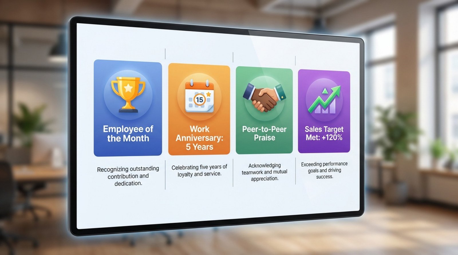A colorful professional infographic on a digital screen illustrating employee achievements with icons for awards anniversaries praise and sales goals.