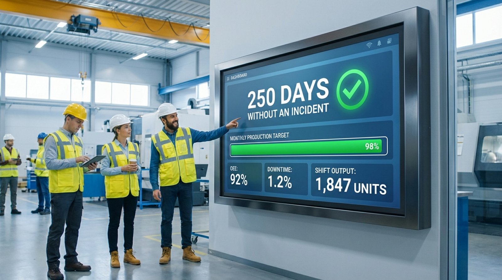 A real-time manufacturing dashboard on a large screen showing safety and production metrics with workers observing during a break.
