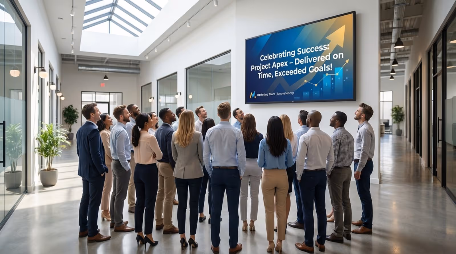 Diverse office workers in hallway looking at a digital screen celebrating a project launch, emphasizing teamwork and achievement.
