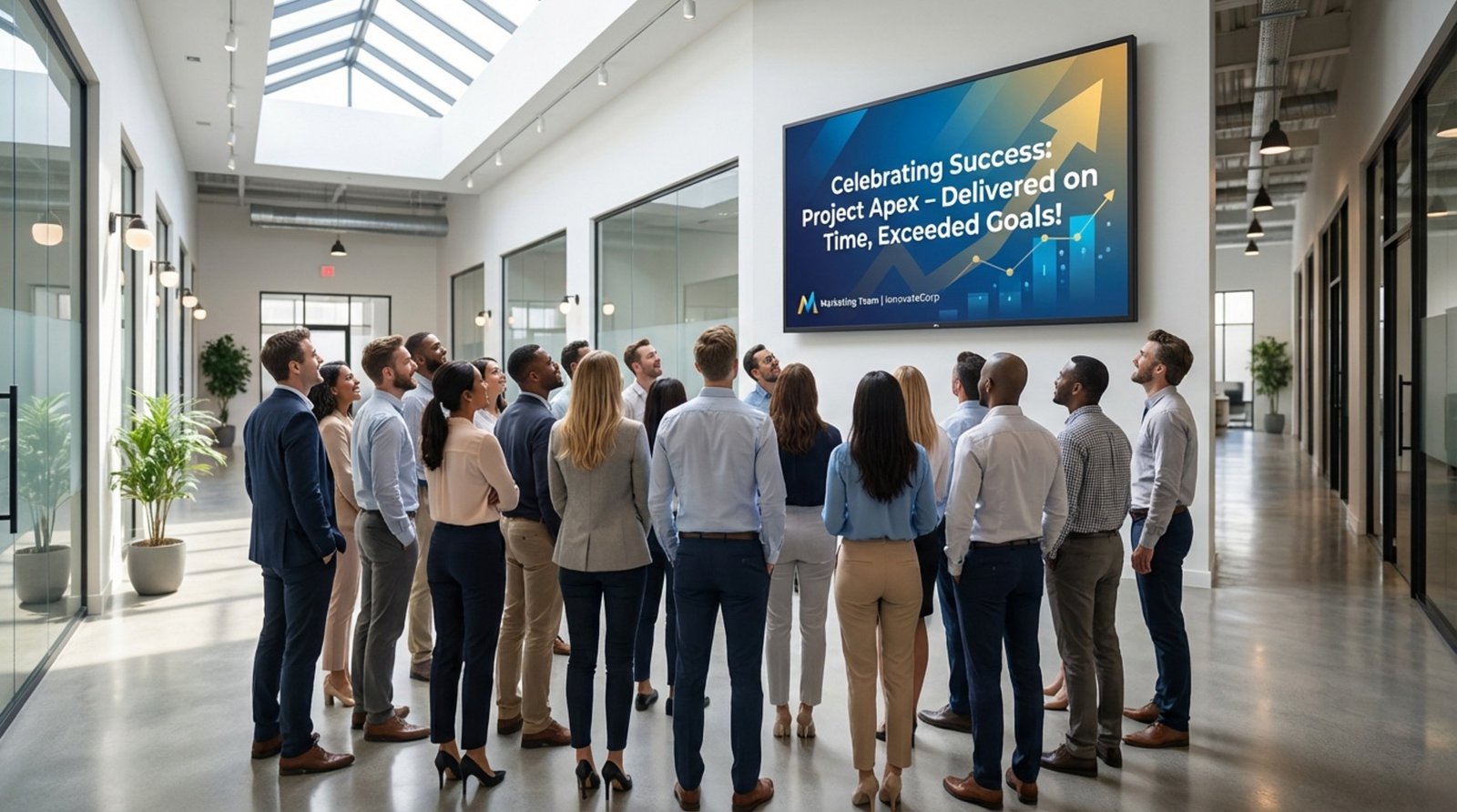 Diverse office workers in hallway looking at a digital screen celebrating a project launch, emphasizing teamwork and achievement.