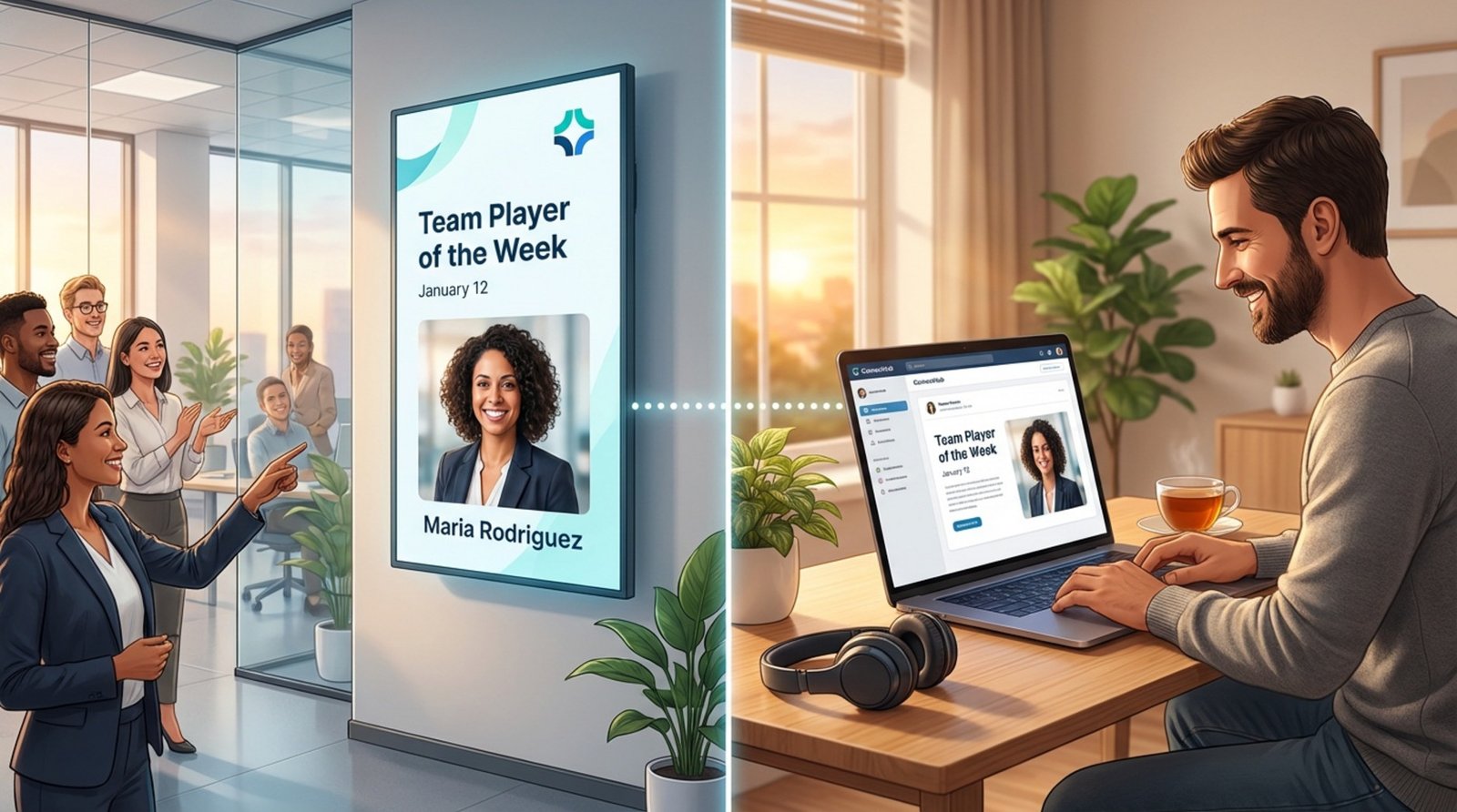 A composite image showing a digital award displayed in an office and viewed remotely, representing unity in hybrid work setups.
