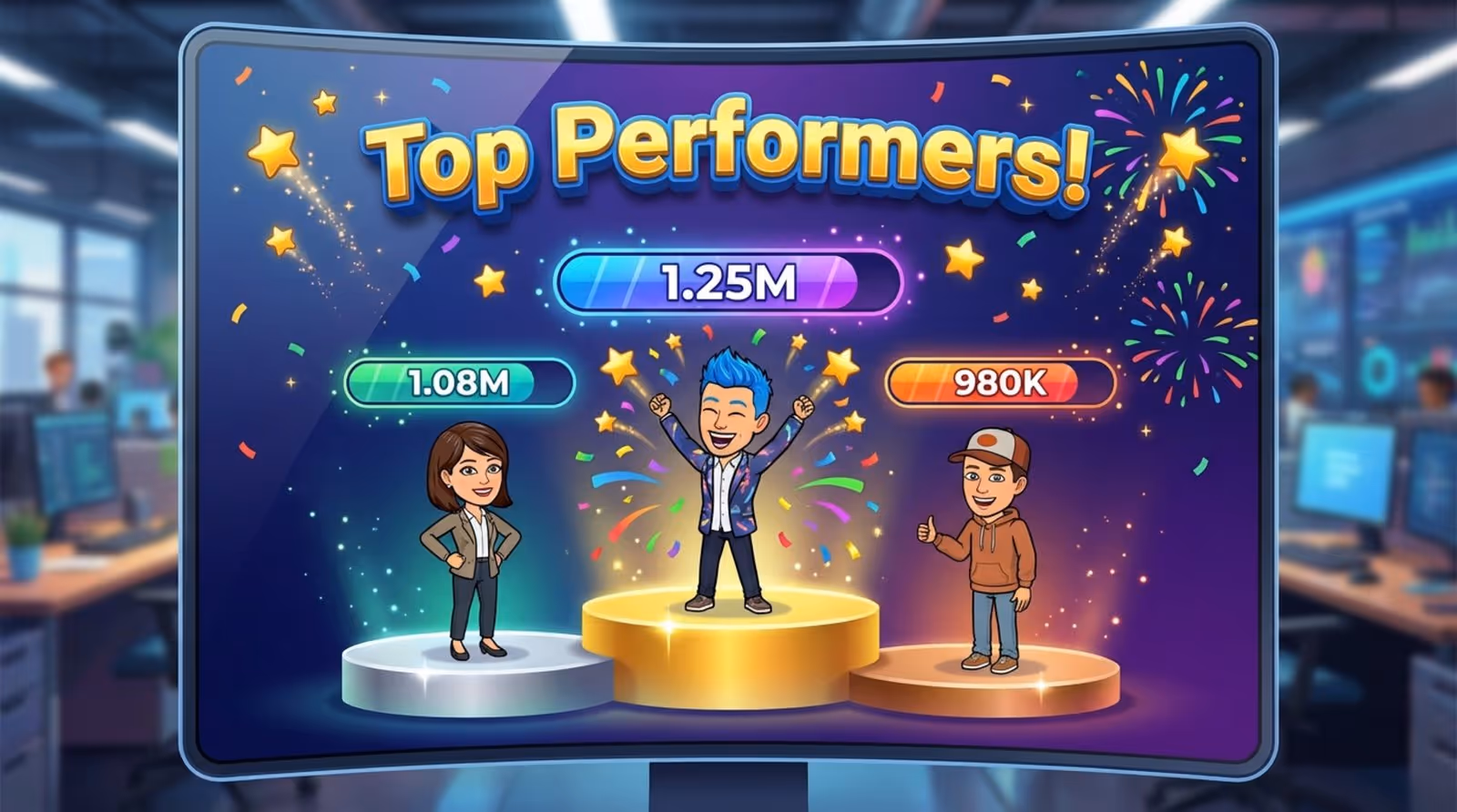A colorful illustration of a sales leaderboard on a digital screen with cartoon avatars, progress bars, and celebratory confetti and stars.