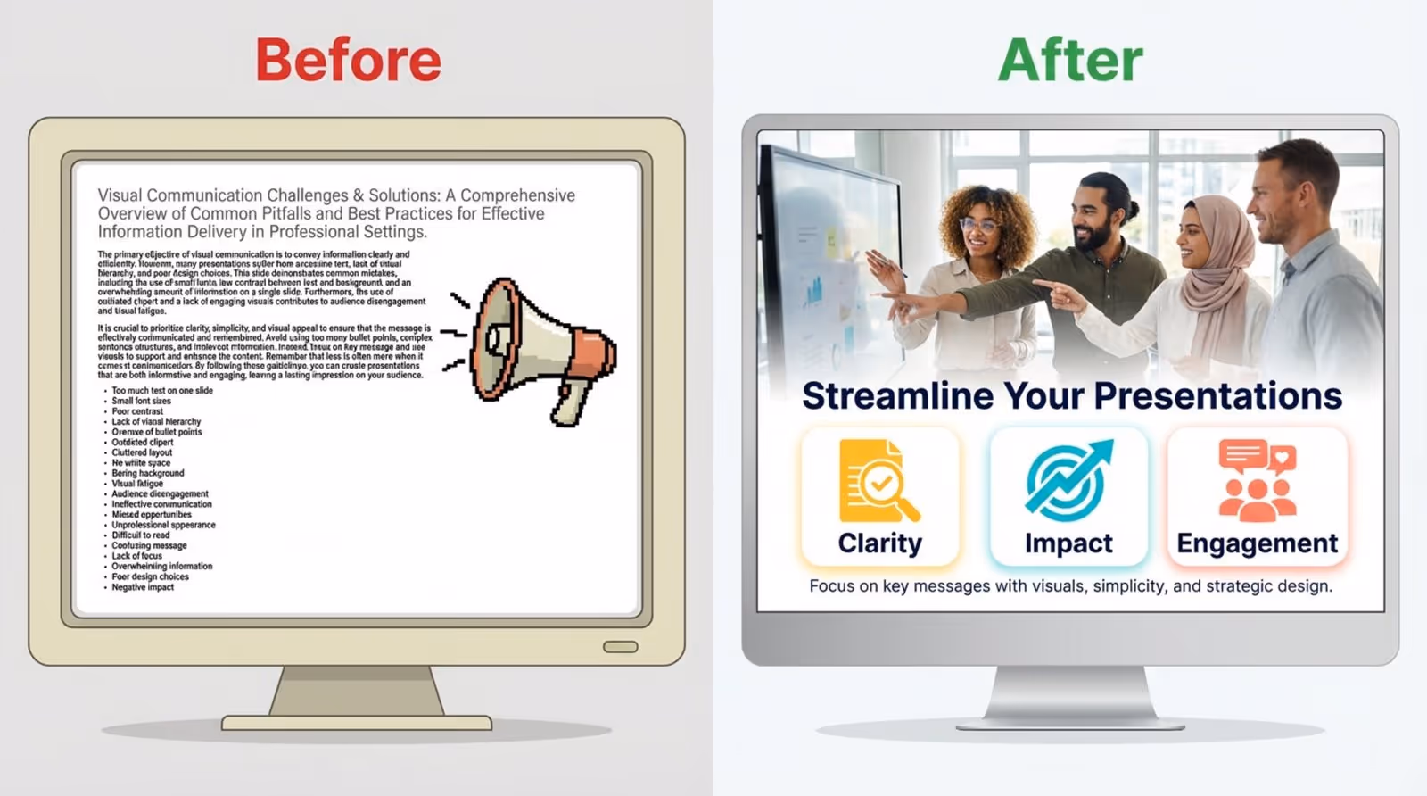 Split-panel comparison showing a dense text slide before and a redesigned impactful slide after with large headline and bright colors.