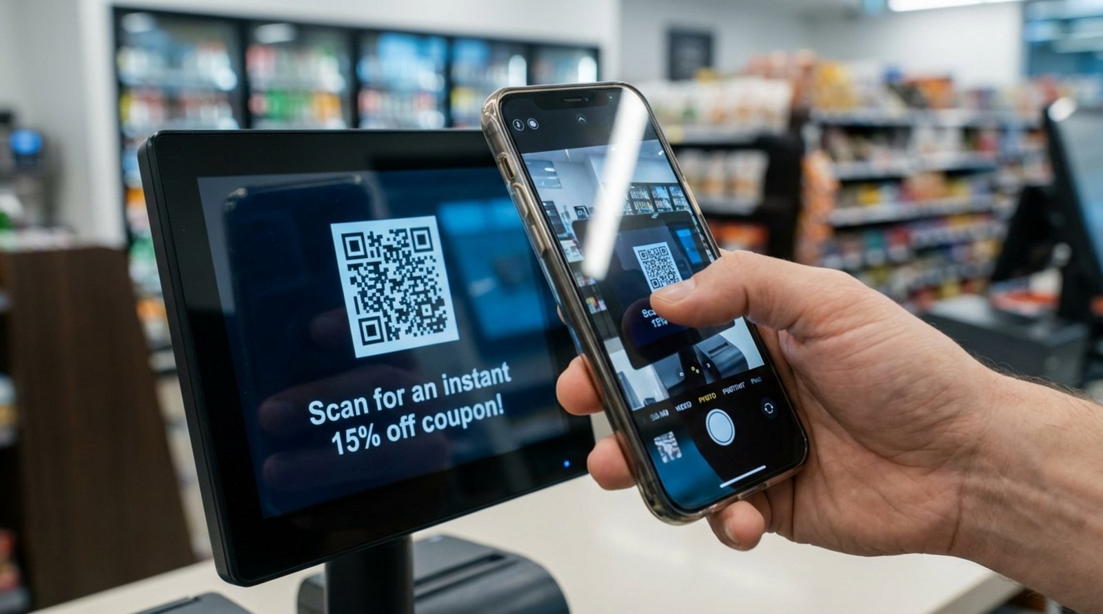 A customer's hand holds a smartphone up to a digital checkout screen displaying a QR code for an instant discount. The image highlights contactless payment and promotional interaction.