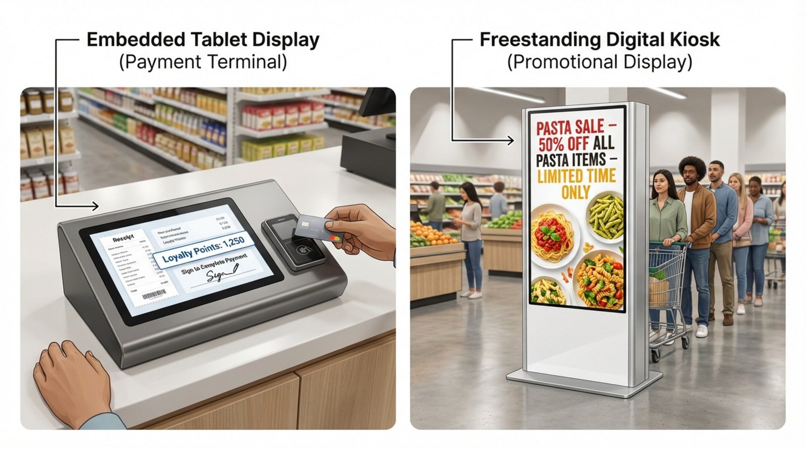 Diagram comparing different digital displays at checkout showing a loyalty points screen and a promotional advertisement