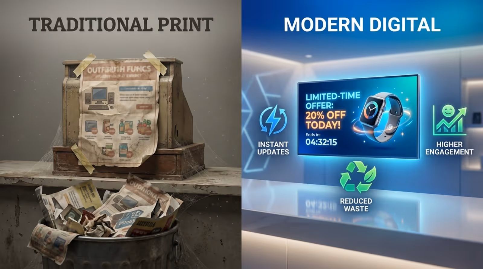 Split-screen infographic comparing traditional print and modern digital signage, highlighting the advantages of digital displays for dynamic updates and engagement.