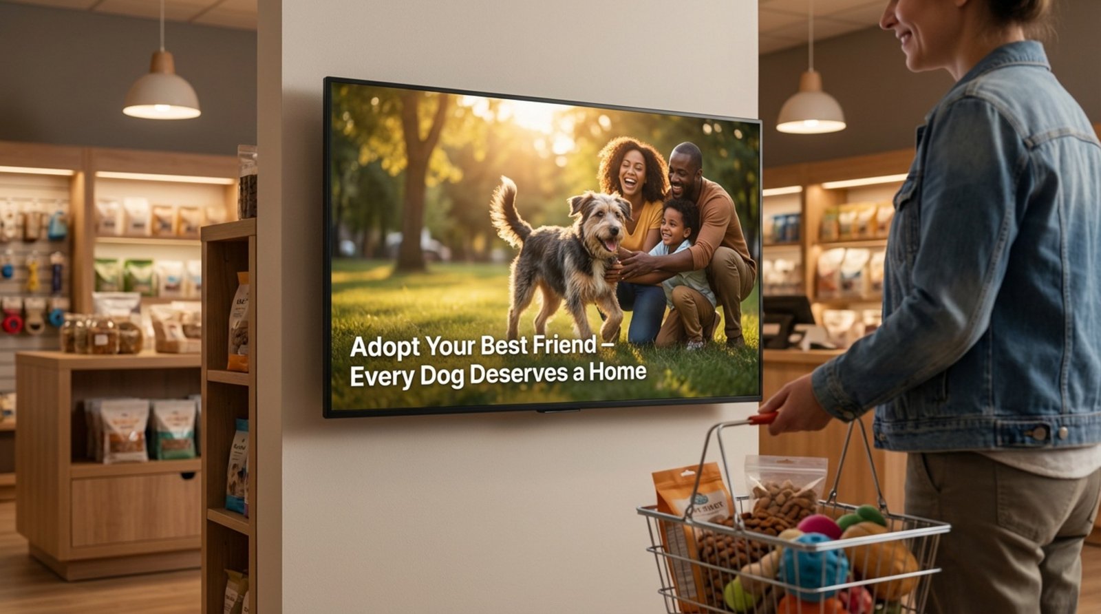 A digital screen inside a pet store displays a shelter dog's joyful Gotcha Day celebration with its new family in a park.