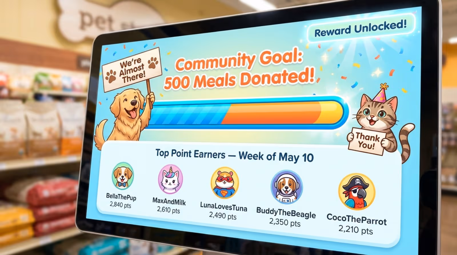 A colorful illustration of a digital screen in a pet store showing a gamified loyalty campaign with a progress bar and cheerful animals.